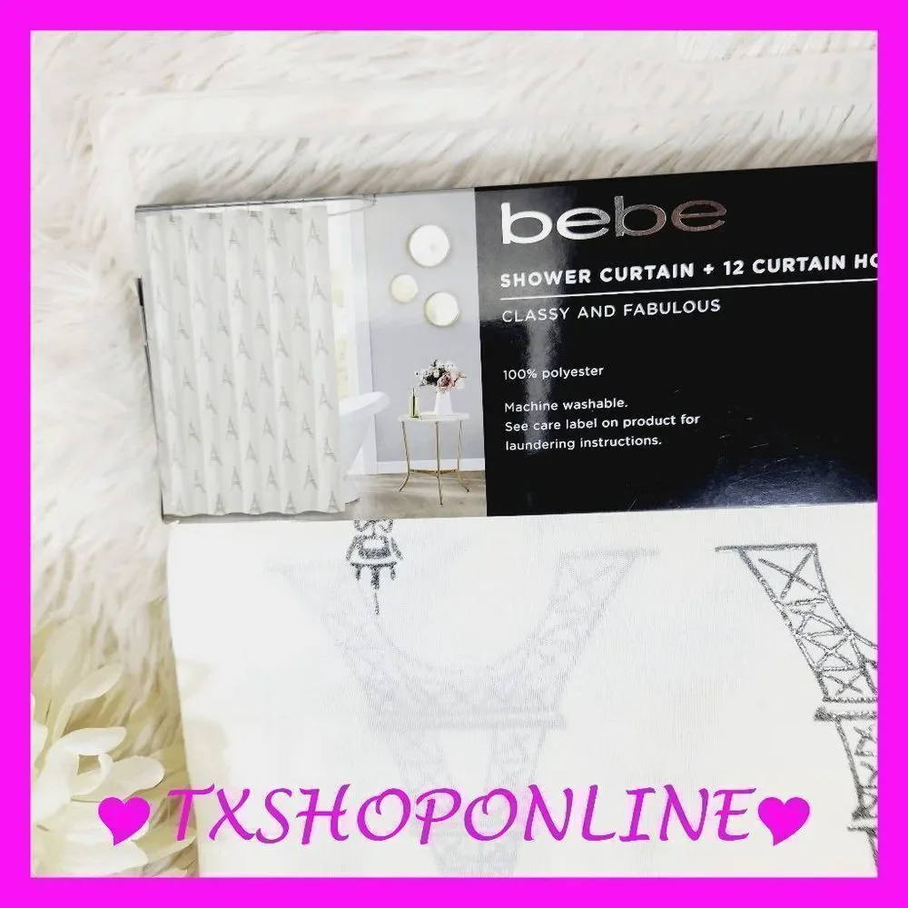 { bebe } Paris shower curtain + 12 curtain hooks NWT